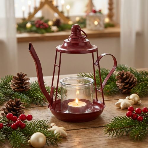 Porta-velas lanterna de vidro jarro de metal vermelho Alt.22cm | Floristik24.pt