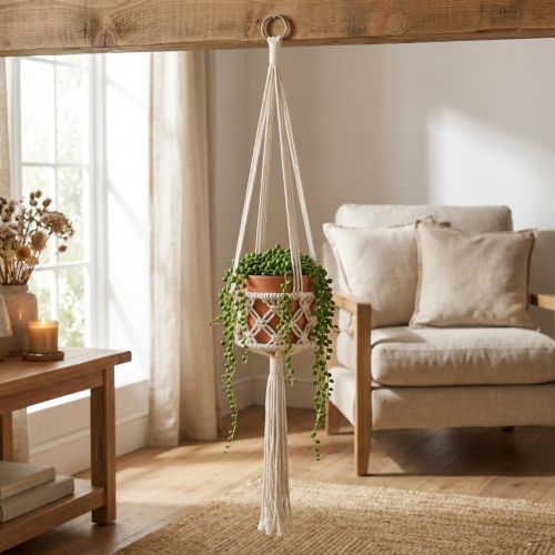 Decoração suspensa em macramê estilo boho Ø12cm A79cm Creme - Vaso suspenso para parede | Floristik24.pt