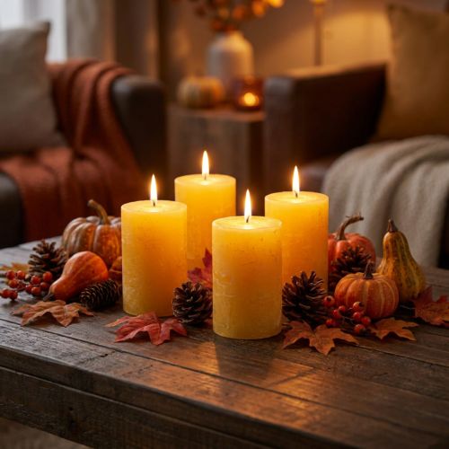 Velas Pilar Rústicas Amarelas 80x110mm Pacote com 4 Velas Seguras - Tempo de queima 57h, Qualidade RAL | Floristik24.pt