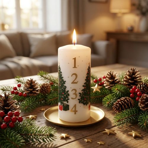 Vela de calendário do Advento, vela cilíndrica de Natal, branca, 150/65 mm, com números e árvore de Natal. | Floristik24.pt