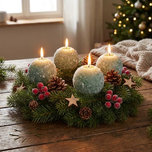 Conjunto de 4 velas esféricas verdes de 8 cm com glitter para decoração de Natal e velas do Advento. | Floristik24.pt