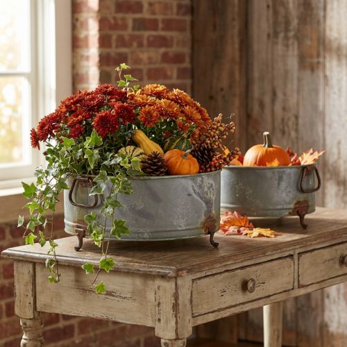 Tigela decorativa com pé e alça de metal ferrugem 42/46,5 cm conjunto de 2 | Floristik24.pt