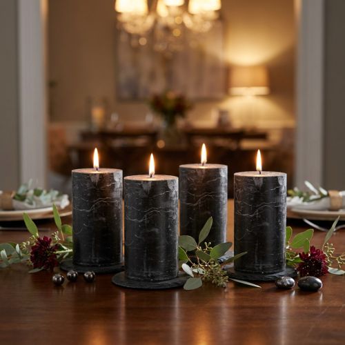 Conjunto de 4 velas pretas em formato de pilar, cor sólida, 70×120mm - Velas decorativas rústicas para uma decoração de mesa elegante e um ambiente acolhedor. | Floristik24.pt