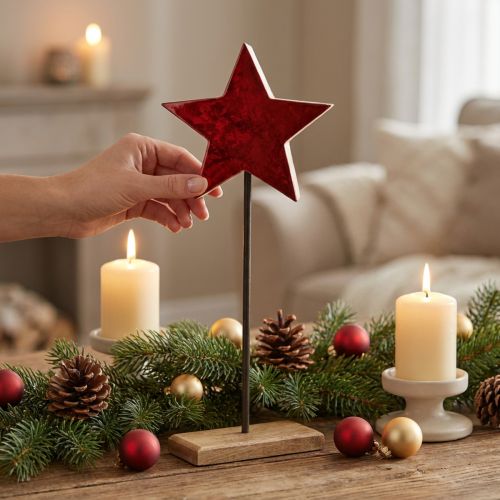 Decoração estrela vermelha natural com haste na base 20x9,5x50cm | Floristik24.pt