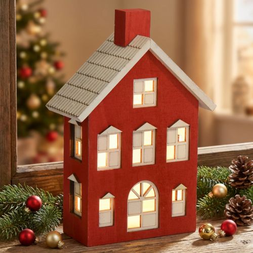 Decoração de casa de madeira luz casa madeira vermelha e branca para bateria H19,5cm | Floristik24.pt