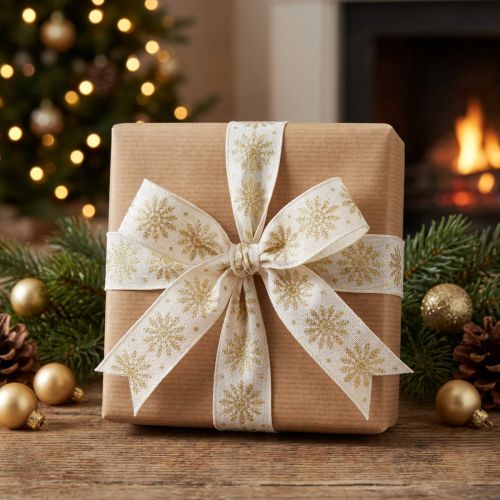 Itens Fita de presente de Natal floco de neve branca 25mm 20m