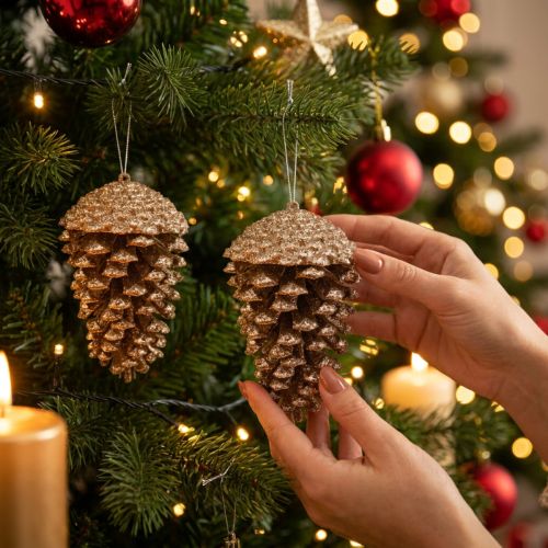 Pinhas douradas com glitter, 13 cm, 4 unidades, enfeites para árvore de Natal. | Floristik24.pt
