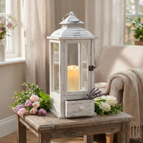 Lanterna decorativa vintage com gaveta branca 20×20cm Alt.51cm | Floristik24.pt