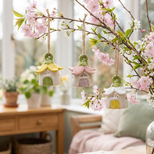 Itens Casinha de fada de cerâmica com flor para pendurar, 6 cm, 6 peças