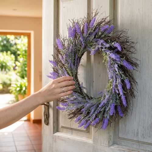 Guirlanda artificial de lavanda para a primavera, decoração de porta, guirlanda decorativa para entrada, 60 cm | Floristik24.pt