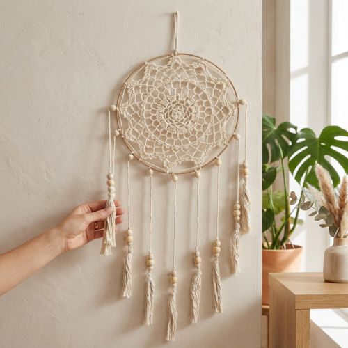 Apanhador de Sonhos em Macramê para Pendurar na Parede, Estilo Boho Chic, Feito à Mão, Cor Creme, Ø22cm A54cm | Floristik24.pt