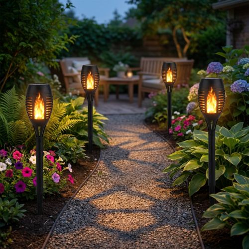 Itens Tochas solares de LED para jardim, efeito de chama, varanda, 38 cm de altura, conjunto de 4 peças.
