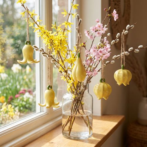 Itens Pingentes de flores de cerâmica, design alegre, estampa floral, decoração de primavera, 9 cm, 6 peças