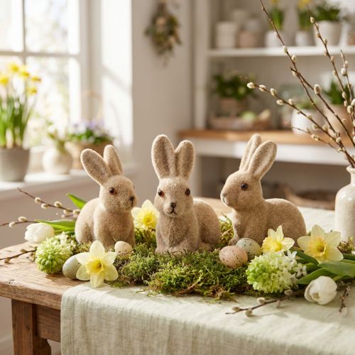 Coelhinhos da Páscoa Decorativos Sentado Flocados – 2ª Escolha – Primavera 10cm 6 pcs | Floristik24.pt