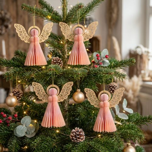 Conjunto de 4 enfeites de Natal em papel de anjo, nas cores damasco e dourado, 12 cm. | Floristik24.pt