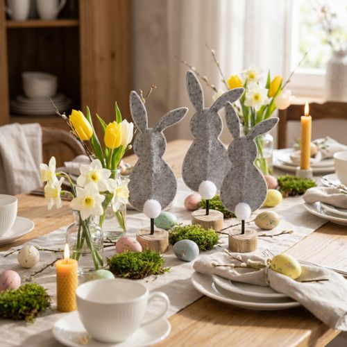 Suporte de mesa decoração coelhinho da Páscoa feltro cinza 28,5 cm 4 unidades | Floristik24.pt