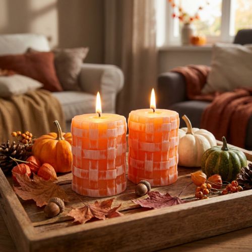Itens Conjunto de 2 velas rústicas em formato de pilar, laranja, 80/65, autoextinguíveis, estilo vintage.