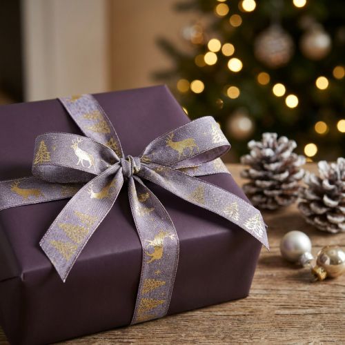 Fita para presente lavanda ouro veado de Natal 25mm 15m | Floristik24.pt