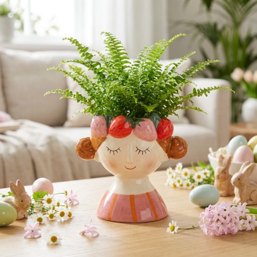 Itens Rosto de menina em um vaso de flores com morangos adormecidos, decoração para sala de estar, primavera, 13 cm