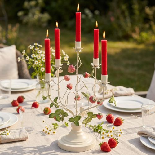 Itens Castiçal 5 braços metal creme decoração morango H44cm