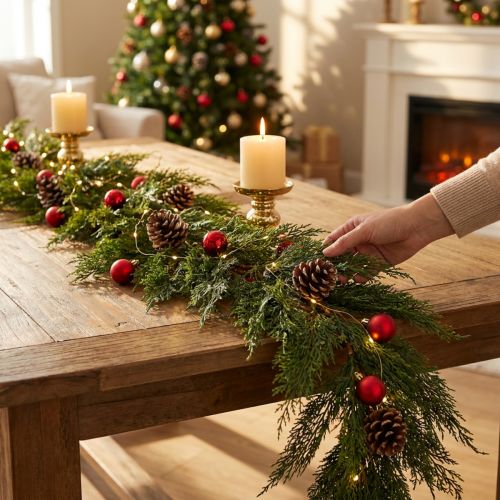 Guirlanda de abeto Thuja verde com frutos, enfeite decorativo para pendurar, decoração de Natal, guirlanda artificial festiva, 175 cm de comprimento. | Floristik24.pt