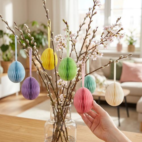 Ovos de favo de mel para pendurar decoração de papel ovos de páscoa coloridos 6cm 6 unidades | Floristik24.pt