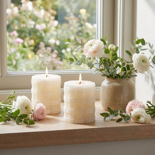 Itens Conjunto de 2 velas de pilar rústicas brancas 80/65, decoração vintage segura.