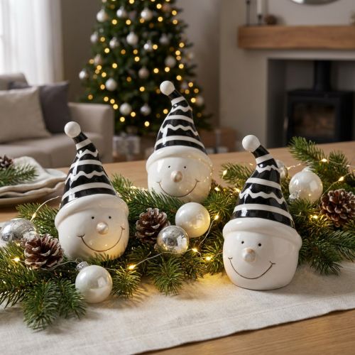 Itens Boneco de neve decorativo em cerâmica preto e branco 12,5 cm 3 peças