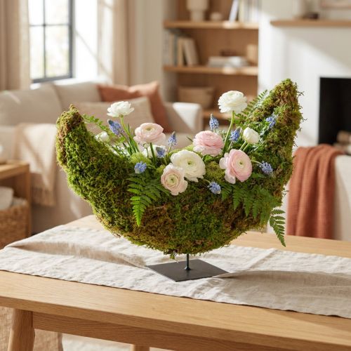 Vaso decorativo de musgo em formato de meia-lua com base de metal, decoração natural para ambientes e celebrações, 40×15×30cm | Floristik24.pt