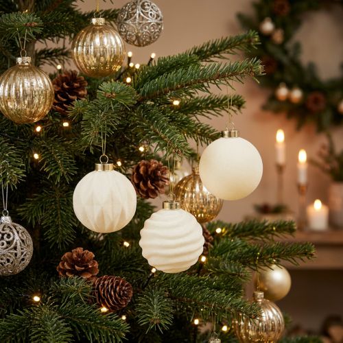Itens Enfeite de Natal em formato de bola, na cor branca, com texturas variadas, 8 cm, conjunto com 12 peças.