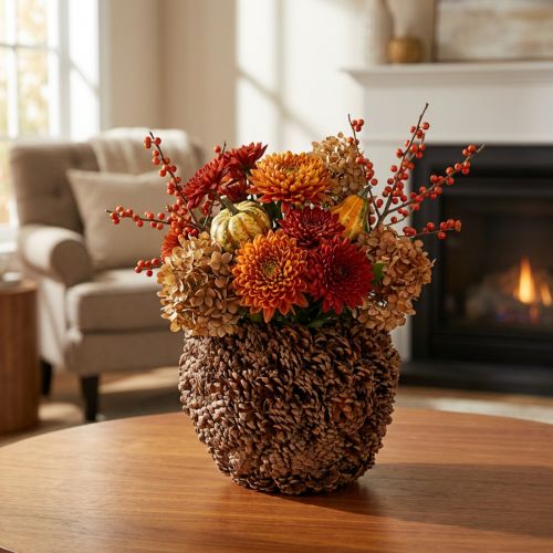 Itens Vaso decorativo com pinhas, aparência natural, 27 cm. Vaso redondo em formato de pinha, marrom natural, feito de pinhas, 27 cm x 22 cm.