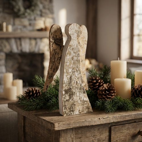 Itens Figura de anjo feita de madeira com casca de bétula, 30 cm