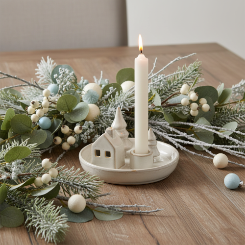 Castiçal decorativo de cerâmica com casa e árvores, 16 cm | Floristik24.pt
