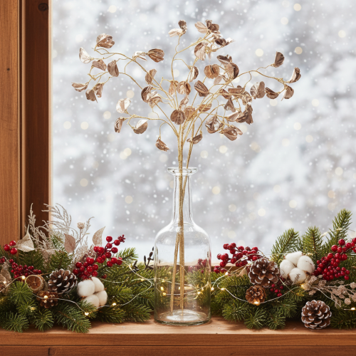 Ramo de Feijão com Flor Metálico, Planta Artificial de Natal, 80cm, 3 peças | Floristik24.pt