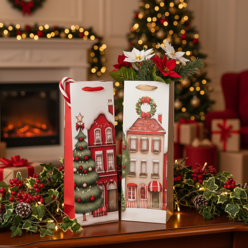 Itens Sacola de presente em formato de garrafa, casinha de Natal e árvore de Natal de 36 cm (2 peças)