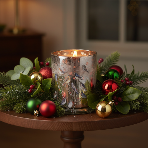 Itens Castiçal com pássaros, design de inverno, acabamento brilhante, 12 cm