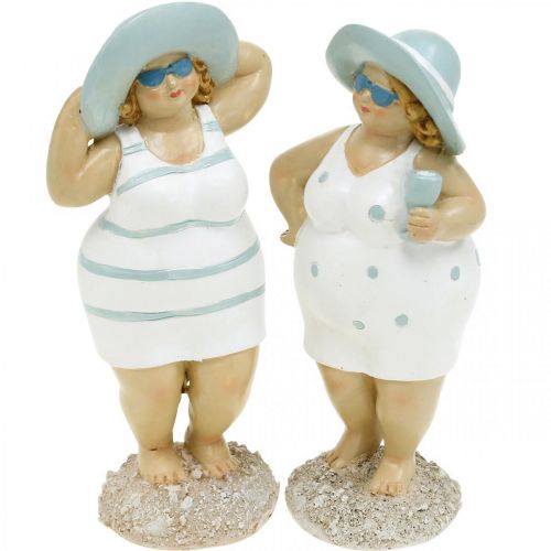 Floristik24 Figura decorativa senhoras na praia, decoração de verão, figuras de banho com chapéu azul/branco H15/15.5cm conjunto de 2