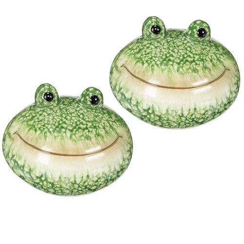Itens Conjunto de 2 peças de sapos decorativos para uma decoração divertida de casa e jardim. Cor verde, 11 cm.
