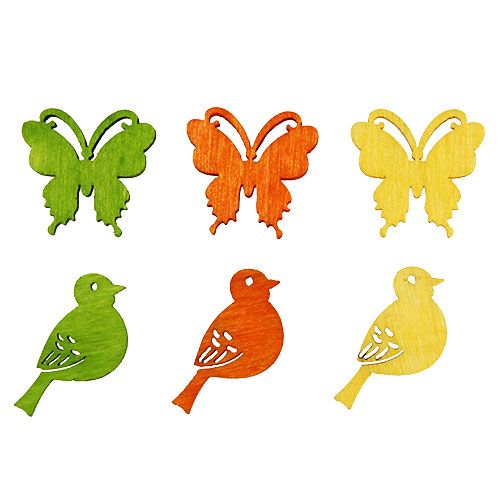 Itens Decoração decorativa de pássaros e borboletas em madeira colorida 2 cm 144 unidades