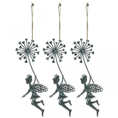 Floristik24 Decoração de primavera, duende com dente de leão, decoração de fada da flor pendente, decoração de metal 3 unidades