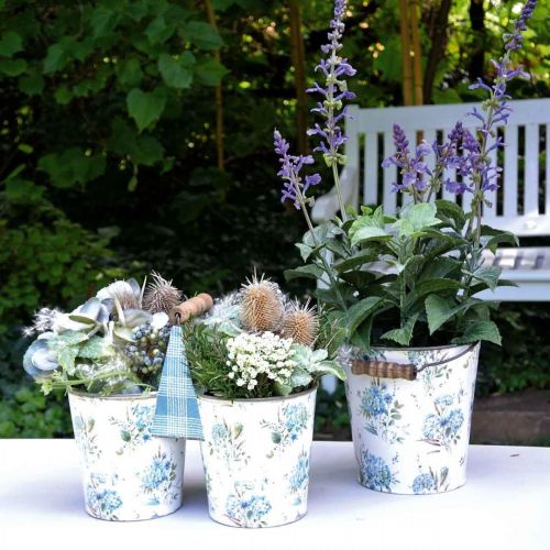 Floristik24 Decoração de primavera, balde de metal, padrão de flor de balde de plantas, decoração de metal H15/11/9,5 cm conjunto de 3