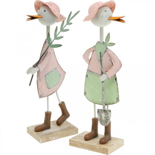 Cegonha com pá, pássaro de metal com ramo, pássaro decorativo, figura de jardim, decoração de metal A. 26/28cm conj. de 2