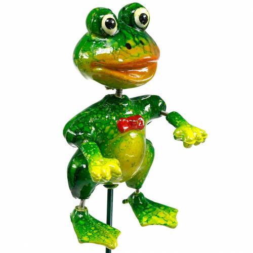 Floristik24 Sapo decorativo de estaca de planta com gravata borboleta e penas de metal verde, amarelo, vermelho A68,5cm