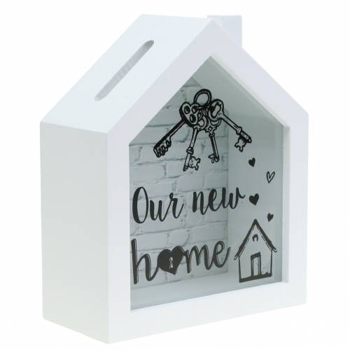 Floristik24 Caixa de poupança &quot;Our New Home&quot; madeira vidro branco 15x7cm Alt.18cm