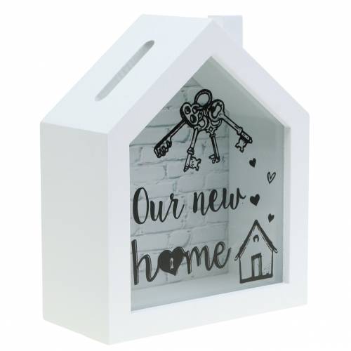 Floristik24 Caixa de poupança "Our New Home" madeira vidro branco 15x7cm Alt.18cm