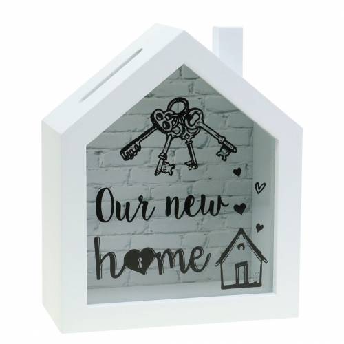 Floristik24 Caixa de poupança "Our New Home" madeira vidro branco 15x7cm Alt.18cm