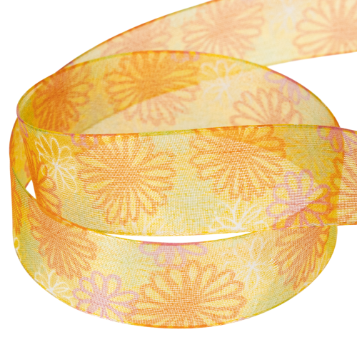 Itens Fita para presentes, fita de organza floral, amarelo/laranja, 25 mm x 18 m