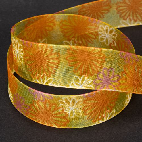 Itens Fita para presentes, fita de organza floral, amarelo/laranja, 25 mm x 18 m