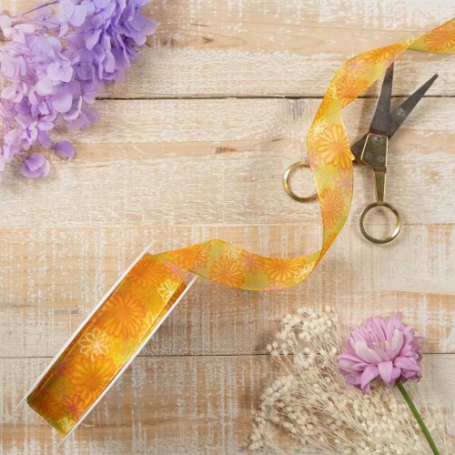 Itens Fita para presentes, fita de organza floral, amarelo/laranja, 25 mm x 18 m