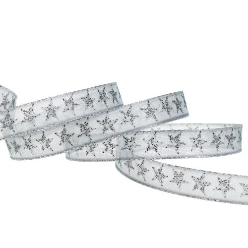 Floristik24 Fita para presente com estrelas cinza, prata 15mm 20m